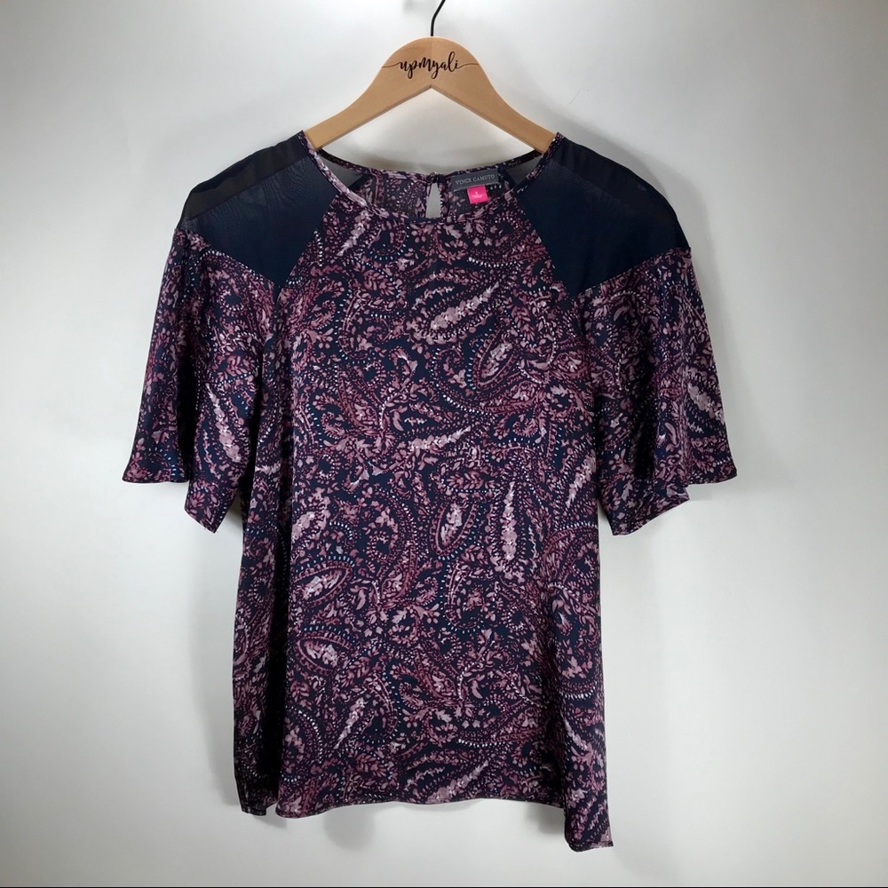 Vince Camuto Paisley Boho Muse Chiffon Short Sleeve Blouse Top Blue Small NWOT